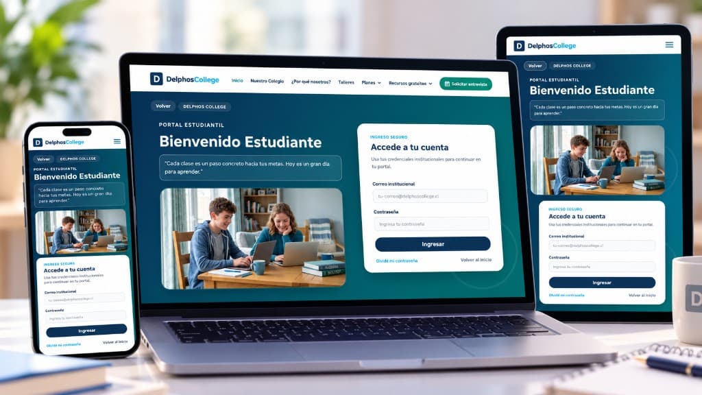 Mockup del campus virtual y portal estudiantil de Delphos