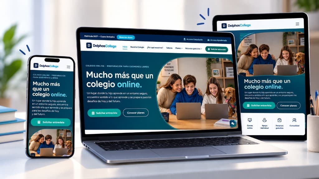 Mockup responsive del sitio web de Delphos College